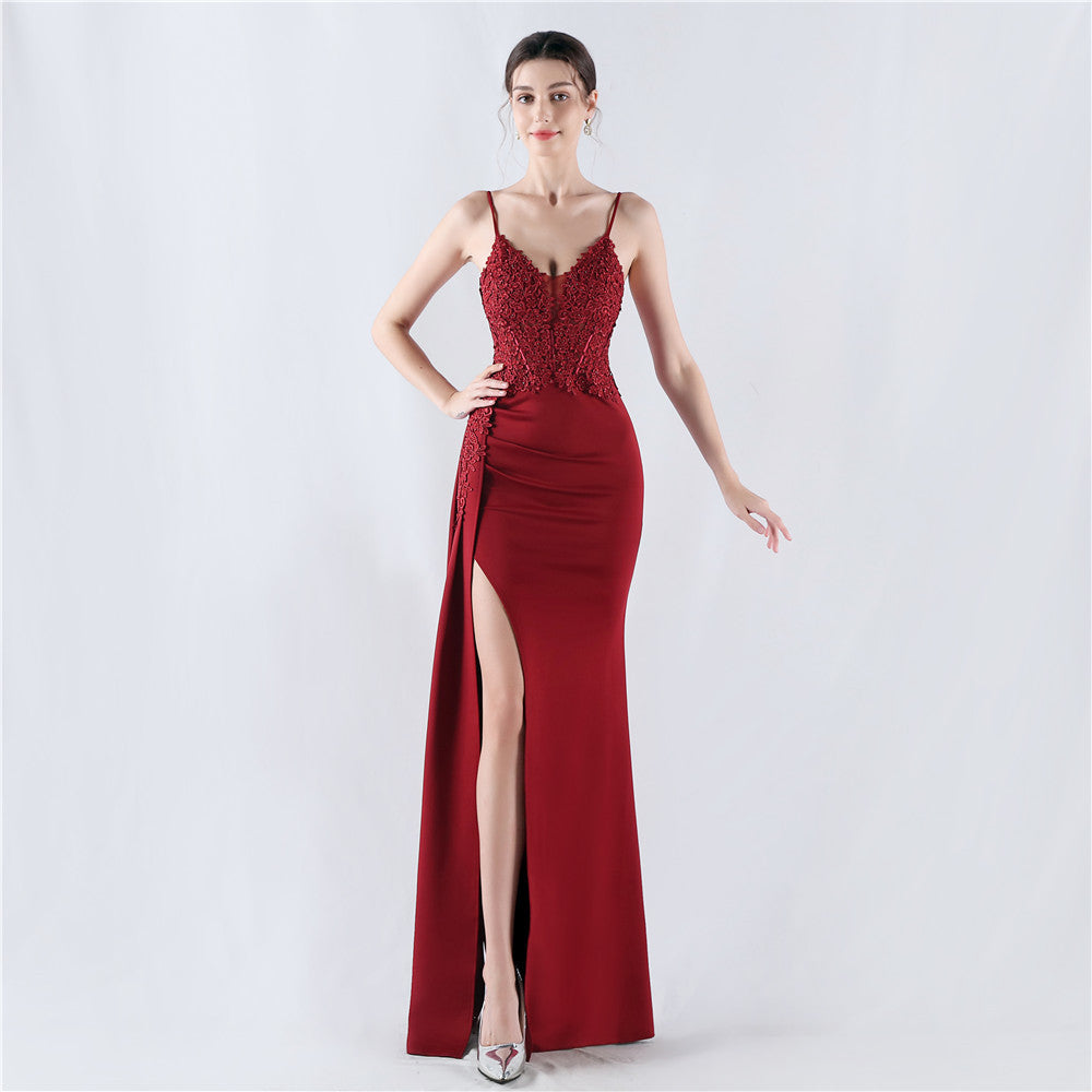 Dress Heavy Embroidery Drilling Order Flower Tight Waist Boning Corset Satin Evening Dress Annual Meeting Wedding