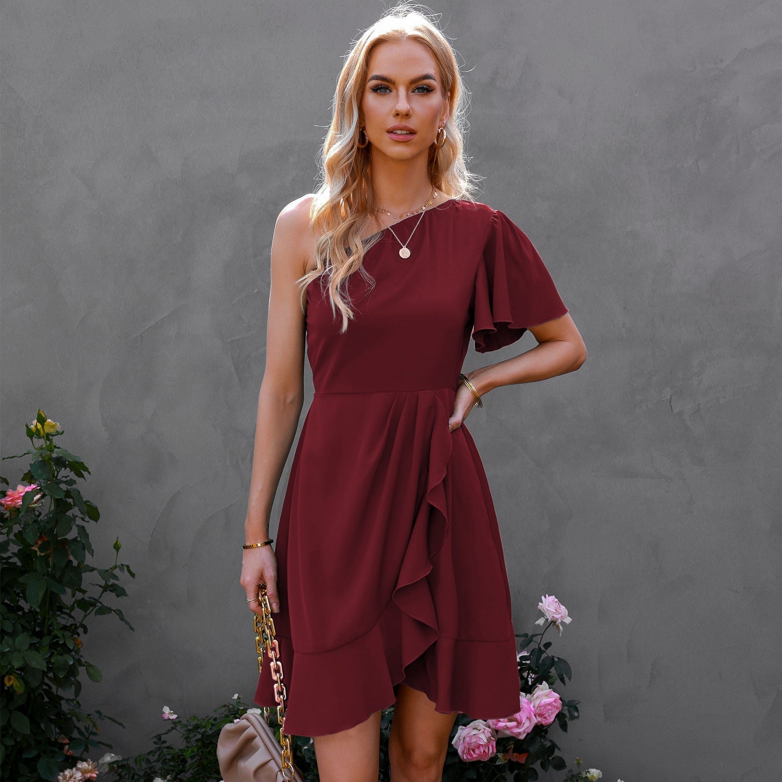 Satin Kaine One Shoulder Ruffle Dress Red FINAL
