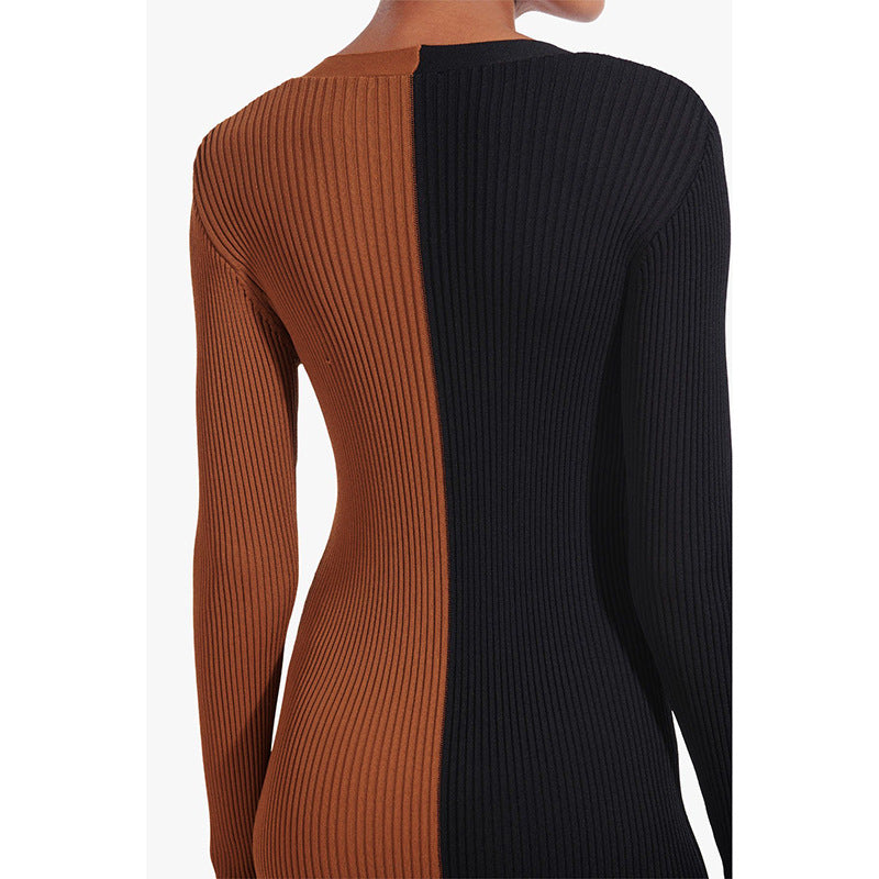 Colorblock Abril Button Front Knit Midi Dress Black Tan