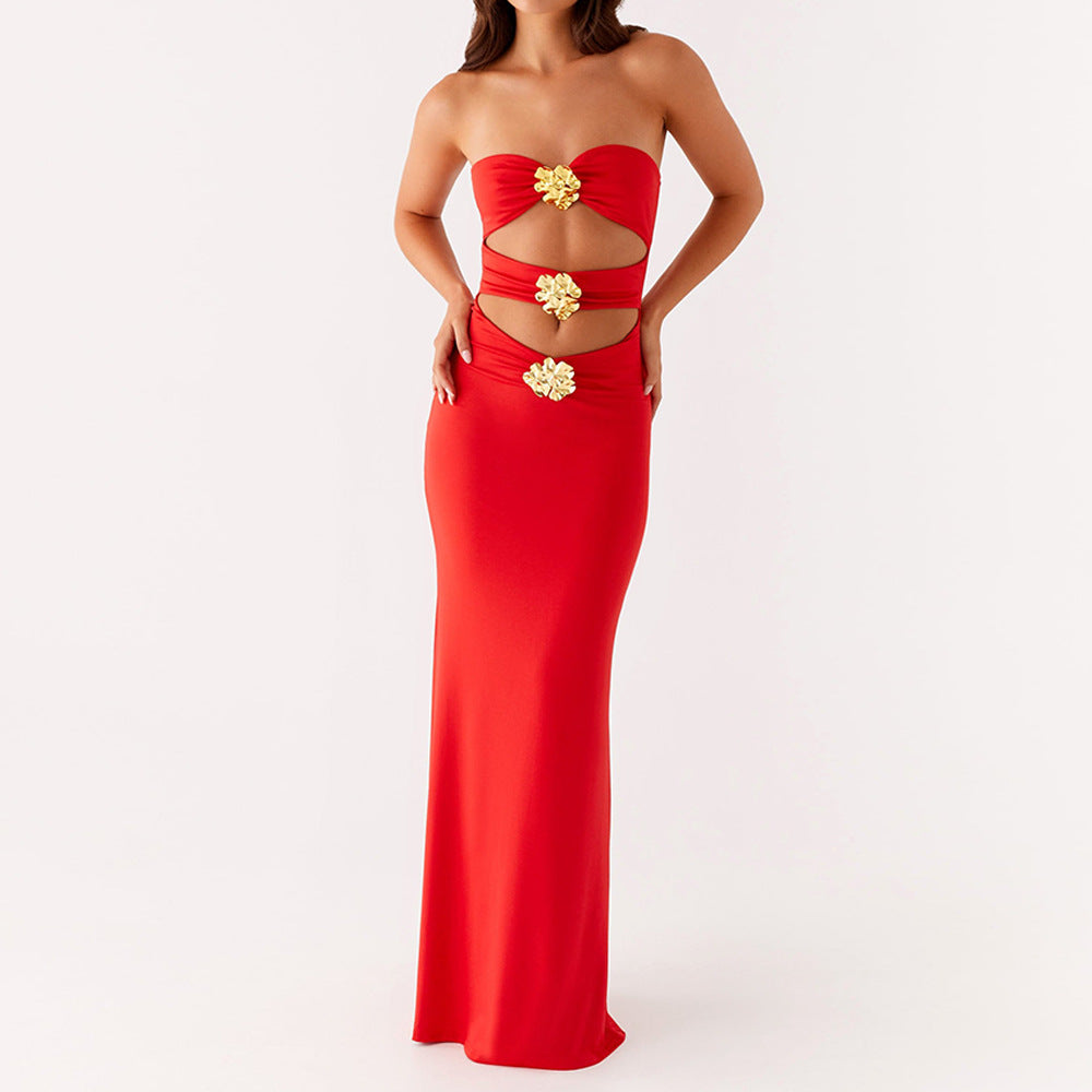 Summer Ladies Sexy Cutout Dress off Neck Metal Bloom Sexy Slim Fit Maxi Dress