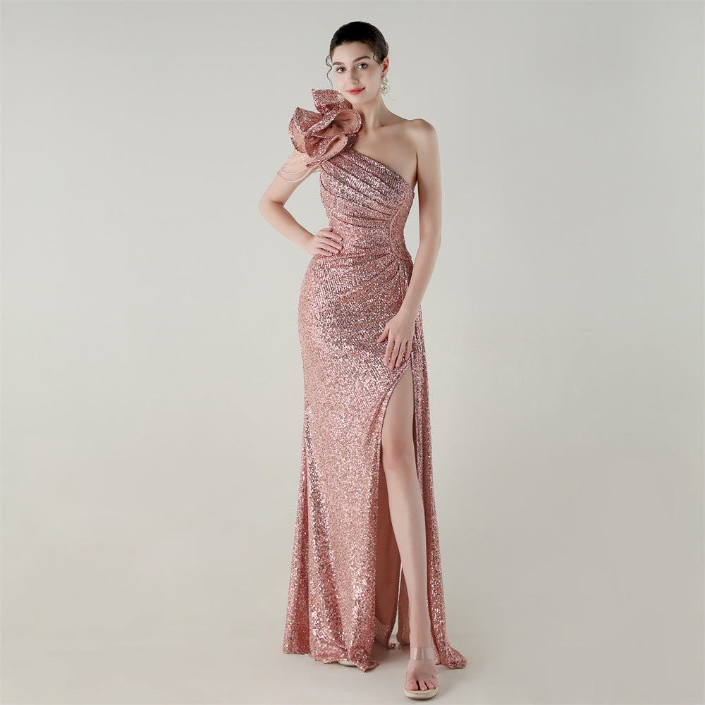 Craft Flower Beaded One Shoulder Diagonal Collar Fishtail Evening Dress Dinner Wedding Awards Ceremony Social Dress