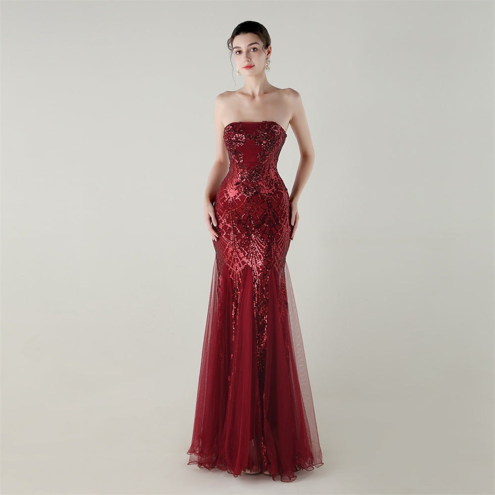 Tube Top Cross Strap Beaded Tube Flower Sequin Mesh Evening Dress Cocktail Wedding Social Elegant Clothing