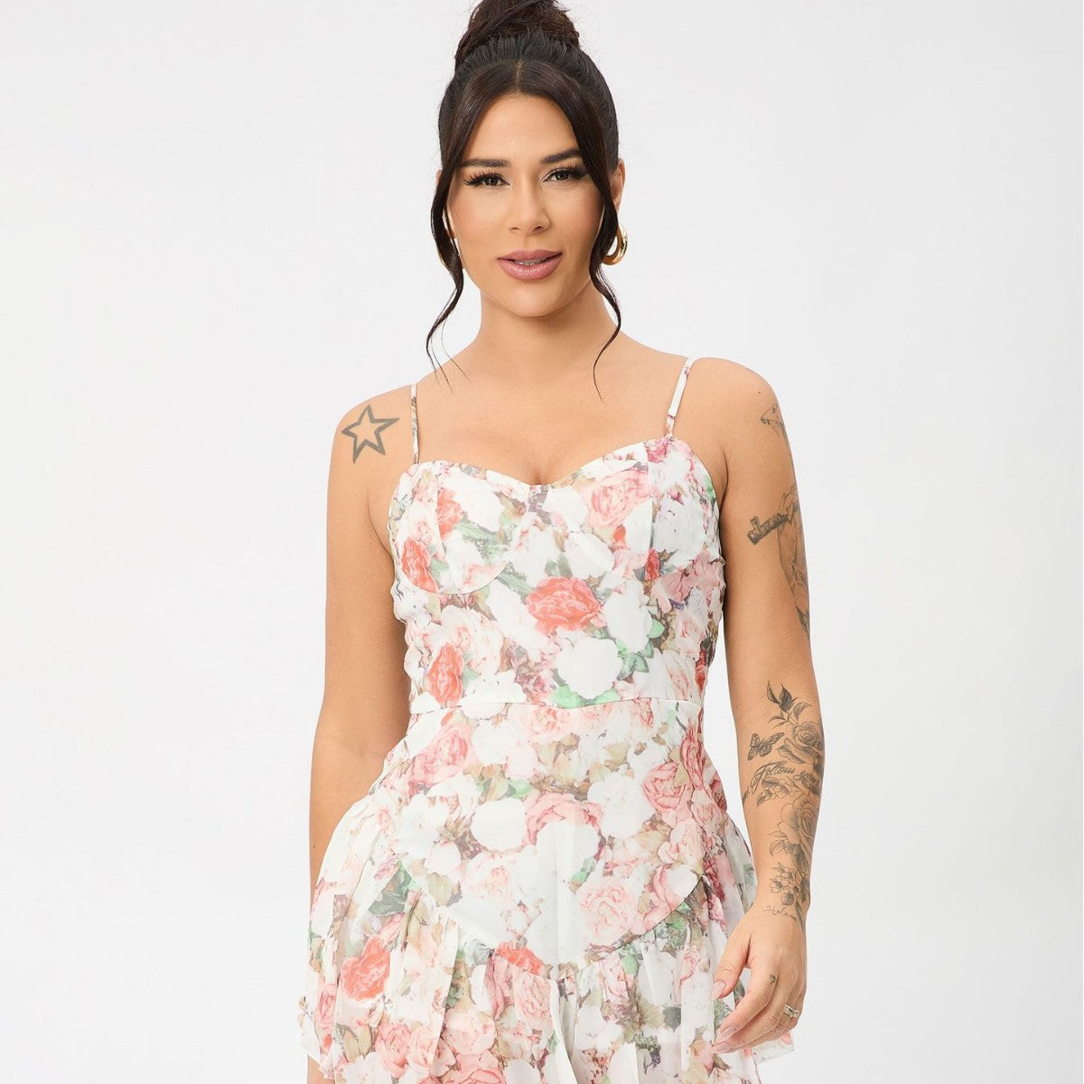 Flower Adjustable Shoulder Strap Ruffled Hem Mini Dress