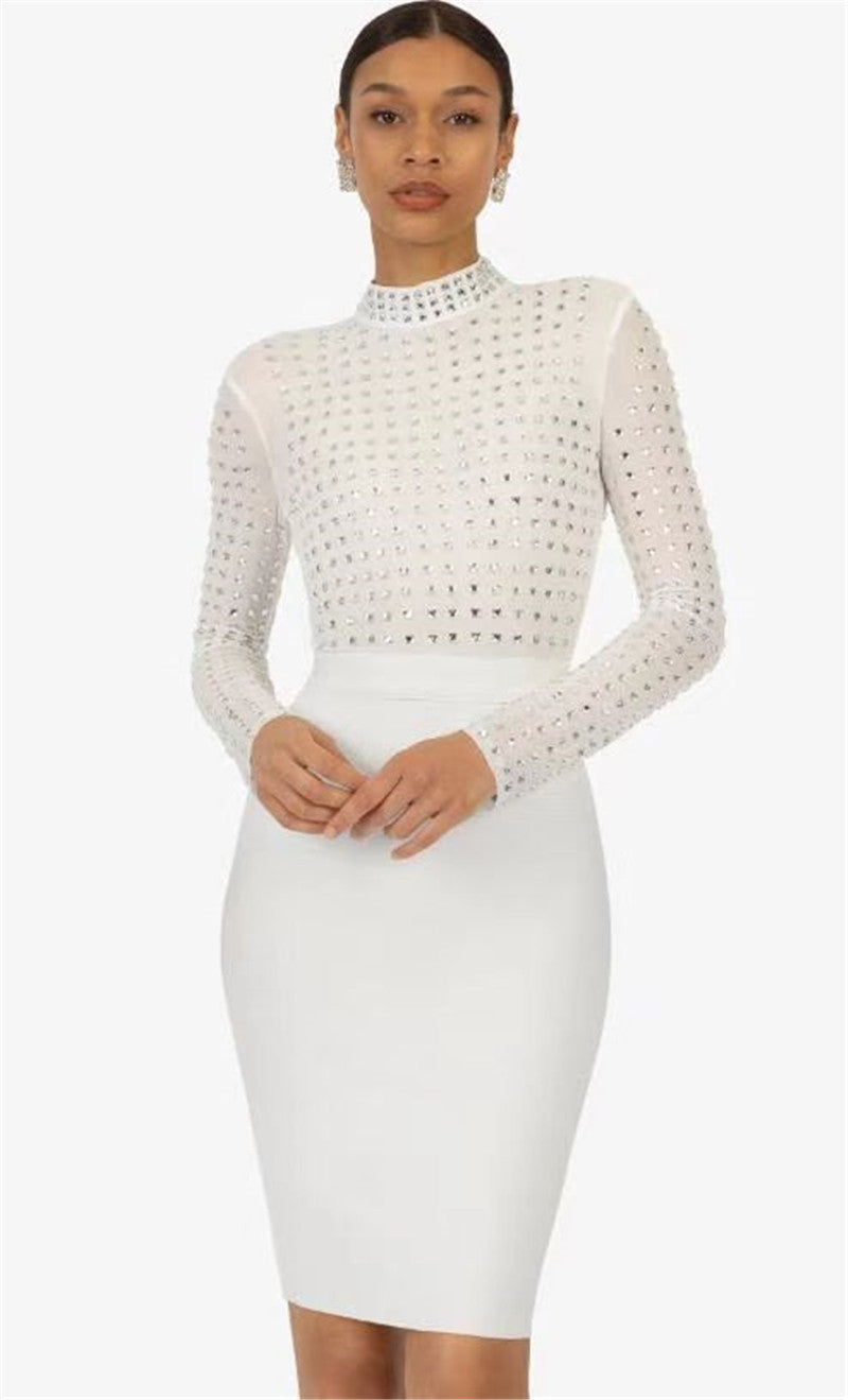 Stitching Mesh Bandage One Piece Turtleneck Diamond Nightclub Party Dress