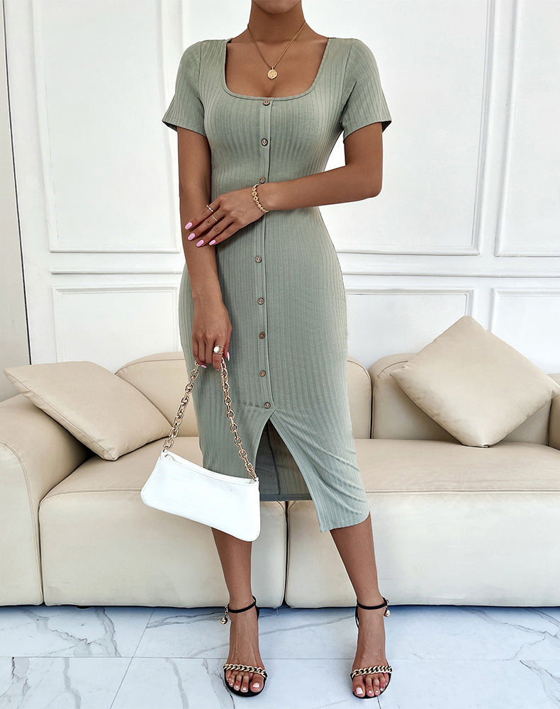 Button Kamila Down Ribbed Knit Midi Dress Oatmeal