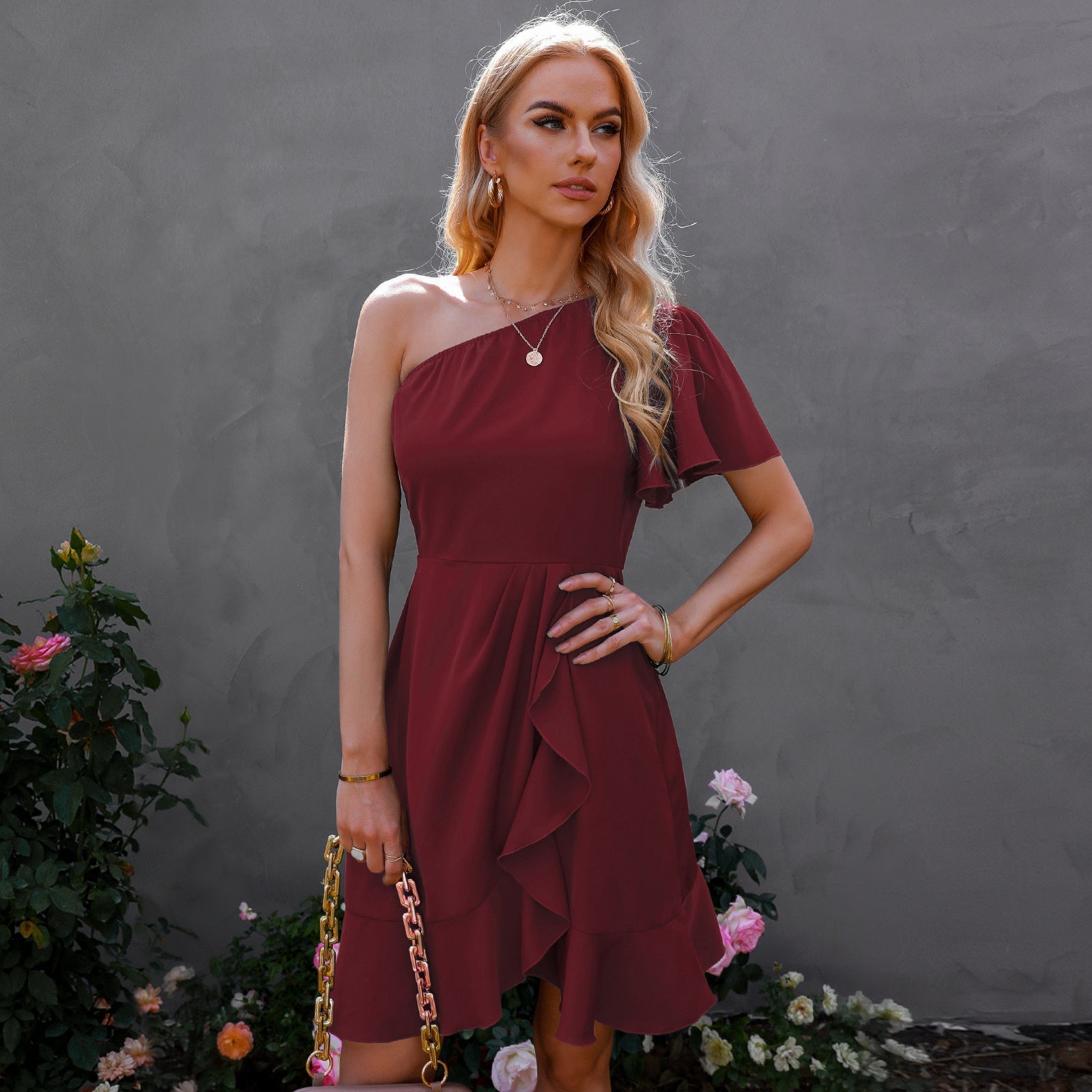 Satin Kaine One Shoulder Ruffle Dress Red FINAL