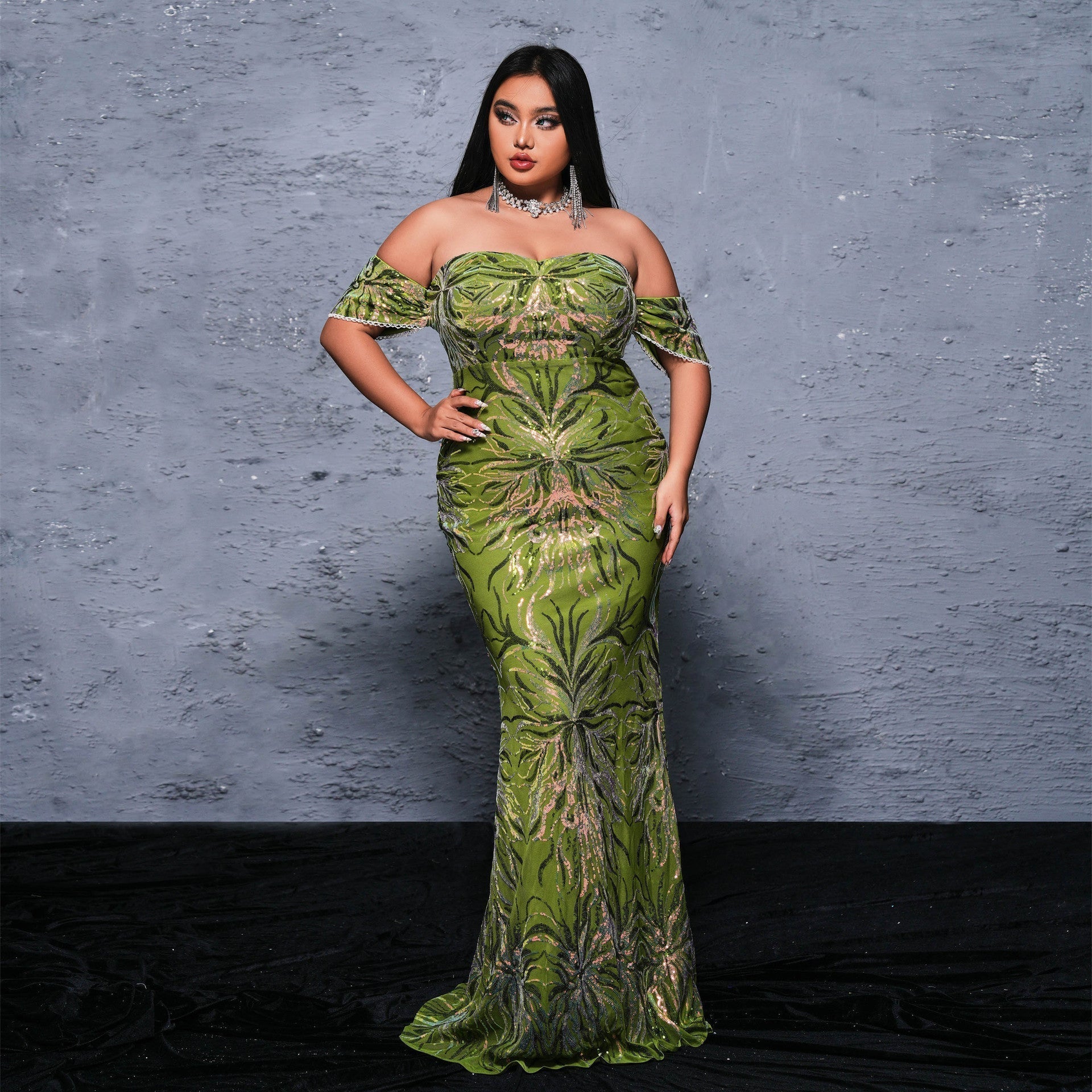 Size Plus Long Off Neck Cocktail Sequined Evening Dress Dress