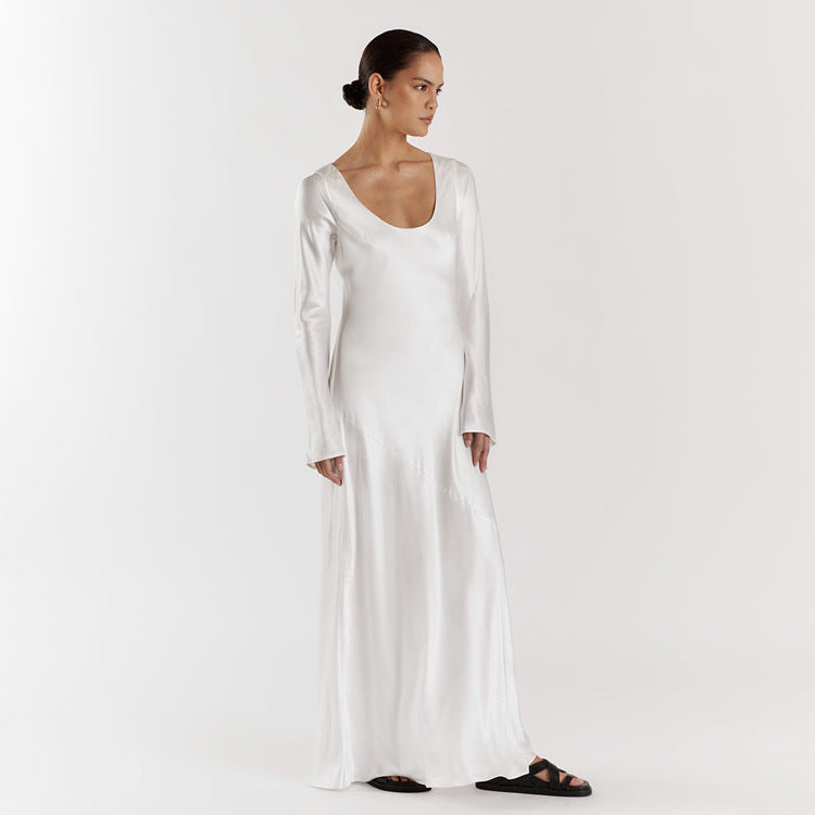 Autumn Winter Maxi Dress Women Solid Color Satin Round Neck Long Long-Sleeved Loose Casual Dress