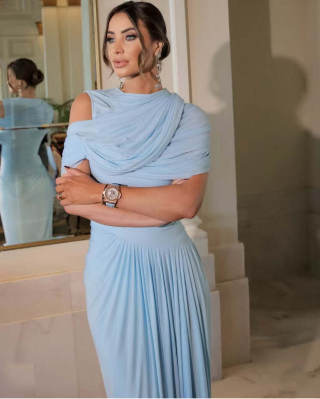 Spring Summer Skin Friendly Retro Shawl Ruffle Stand Cut Wrap Maxi Dress