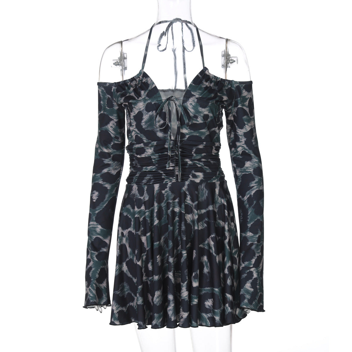 Print Pattern Long Sleeve Tether Halter Pleated Dress