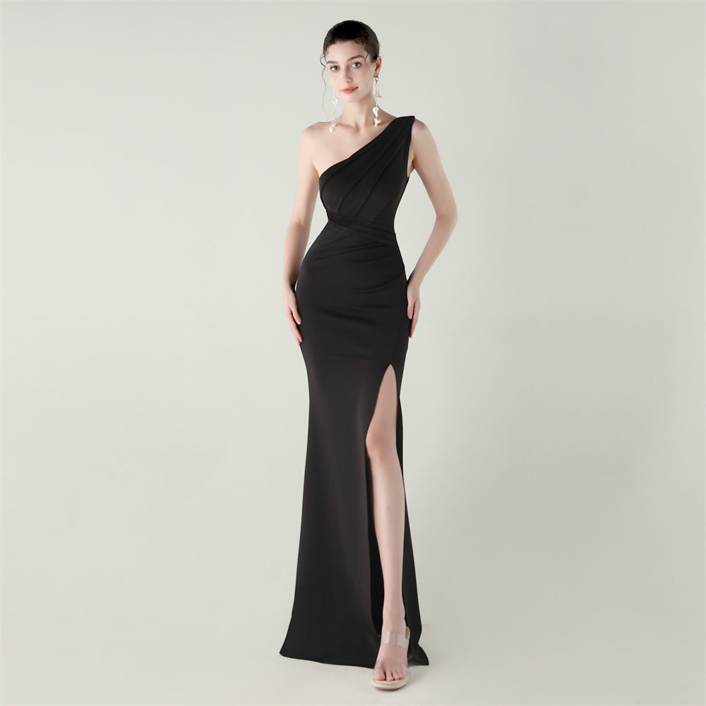 One Shoulder Slim Fit Satin Folding High Slit Chic Evening Dress Fishtail Dress Dinner Wedding Social Networking