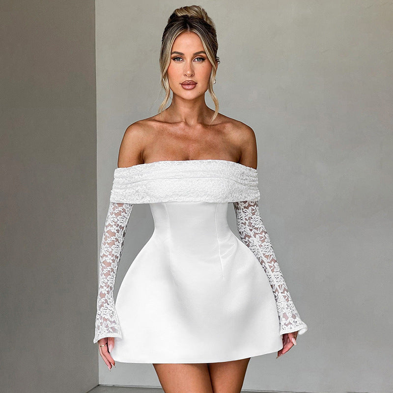 off lothing Neck Lace Stitching Long Sleeve Waist A line Dress