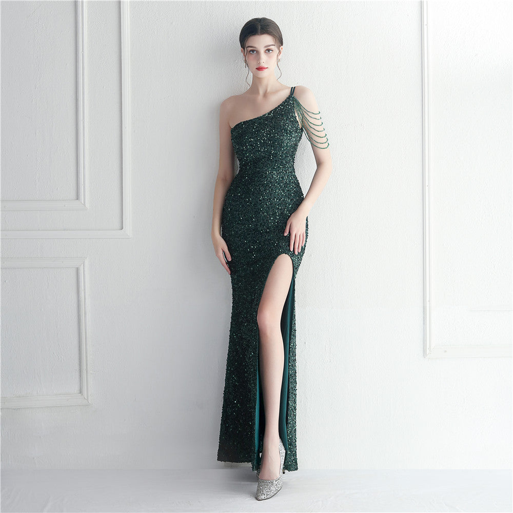 Beaded Craft Single Shoulder Suspender Sheath Split Leg Exposed Nightclub Evening Dress Dress