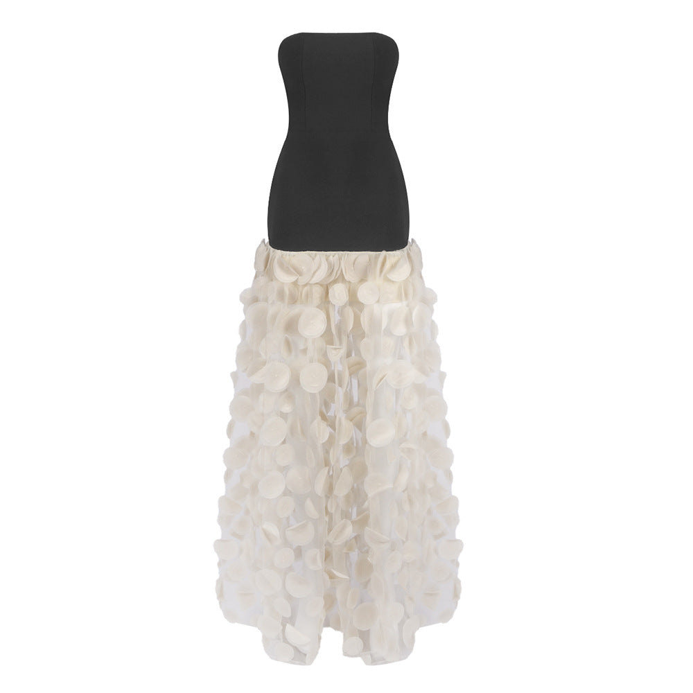 Spring Summer Black White Tube Top Dress Three Dimensional Flower Pettiskirt Dinner Wedding Dress Host Dress