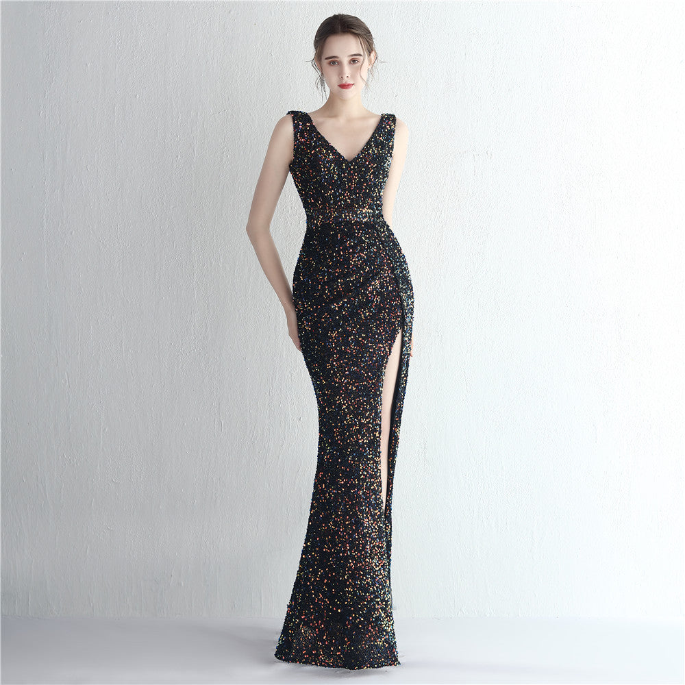 Sequin Handmade Ladies Cocktail Split Long Sequined Aura Queen Dinner Fishtail Dress