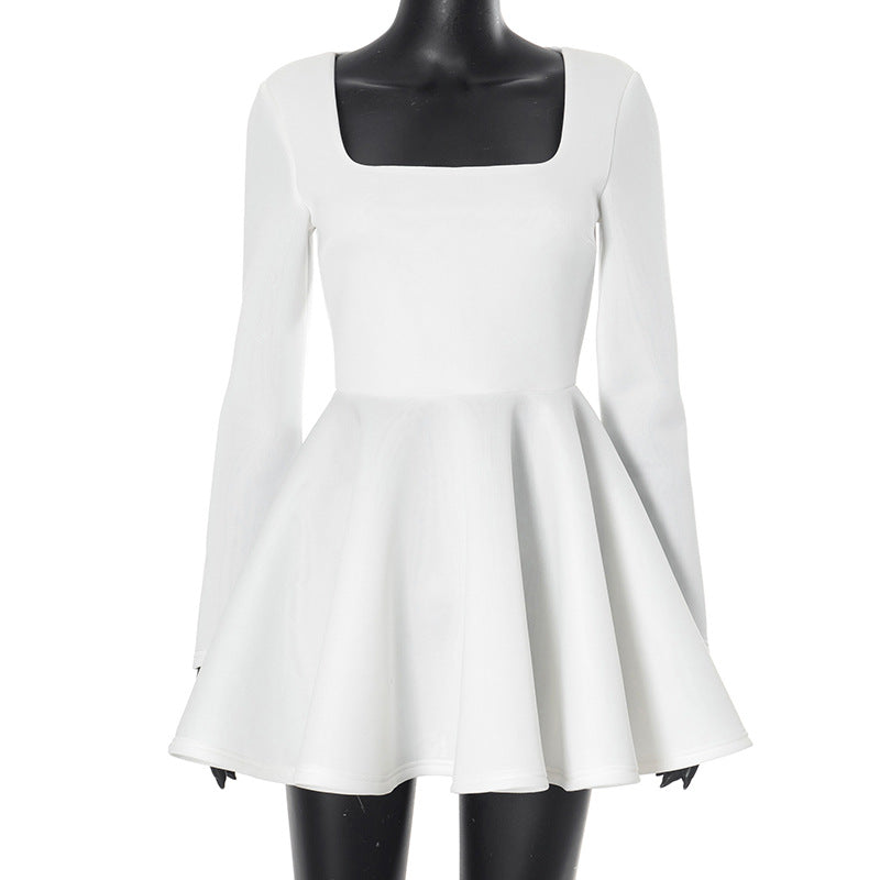 Square Collar Refined Slim Fit Waist a Swing Casual Short Dress