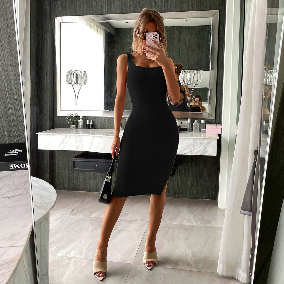 Cotton Sheldon Blend Sleeveless Ribbed Midi Dress Black