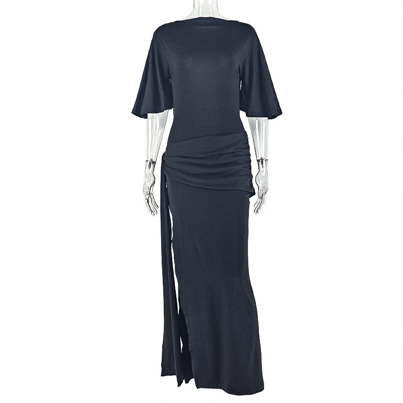 Women Clothing Backless Attractive Pleated Loose Hip Dress off Neck Lace up Split Maxi Dress