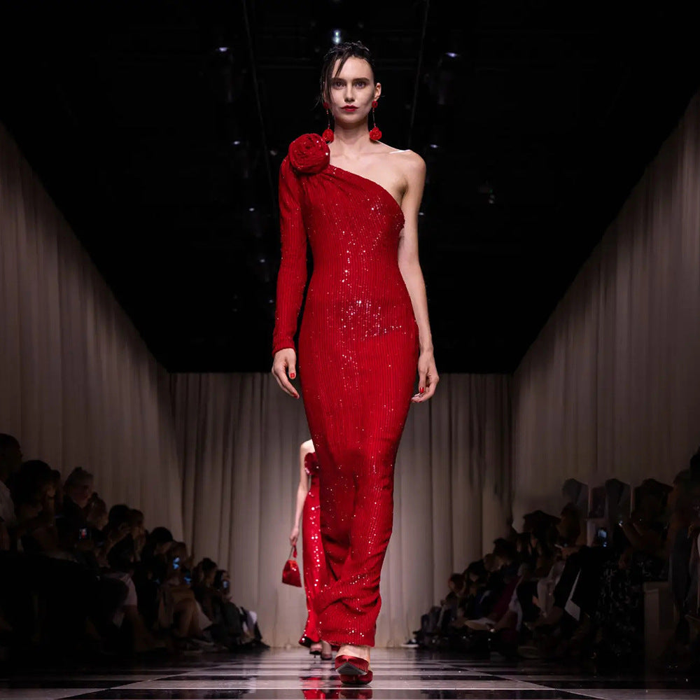 Christmas Red Three Dimensional One Shoulder Flower Sequin Formal Dress Stretch Dress Winter
