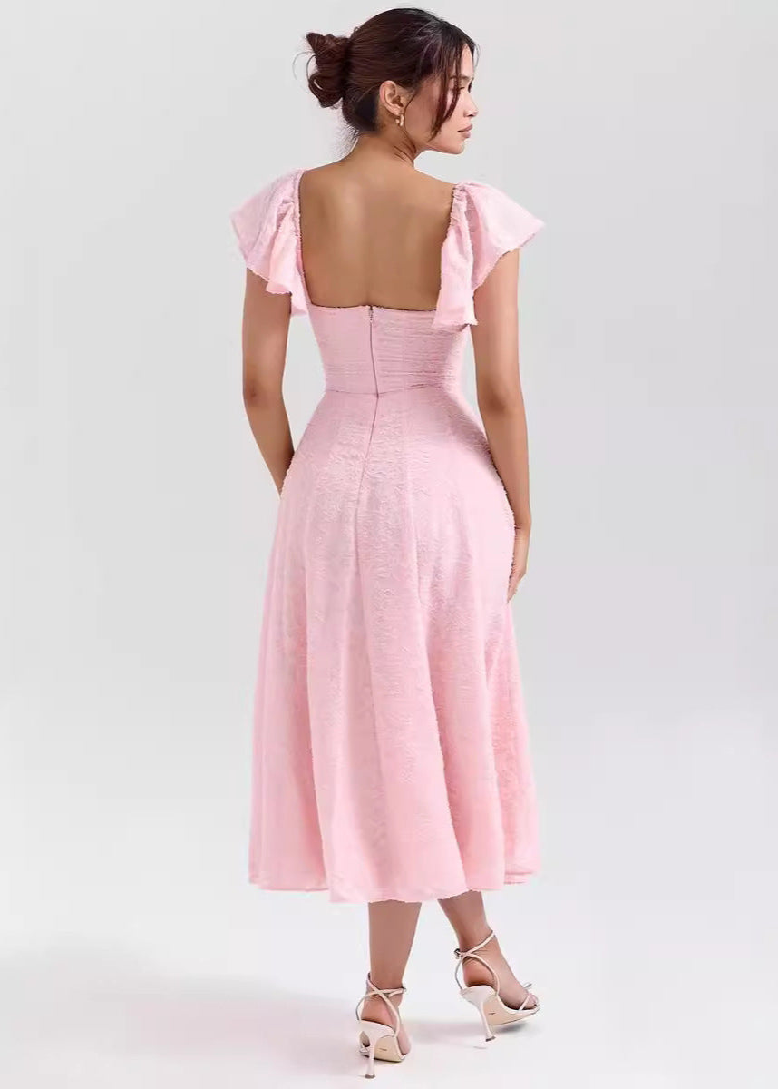 Textured Rosalie Flutter Sleeve Midi Dress
