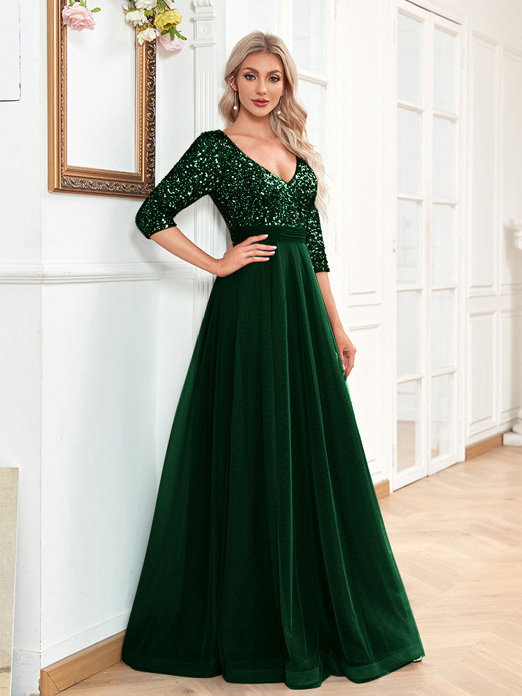 V neck Short Sleeve Sequined Tulle A line Floor Graceful Prom Evening Party Dress