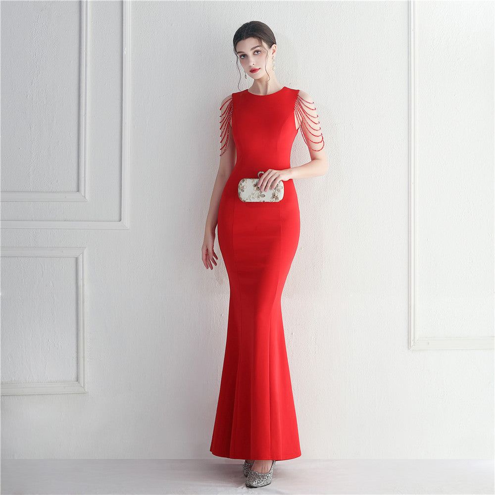 Beaded Bridesmaid Guest Wedding Celebration Extended Fish Tail Dress