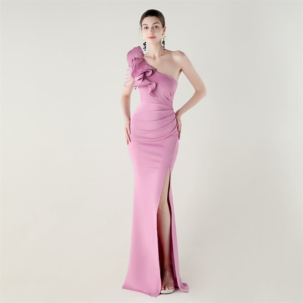 One Shoulder Craft Beading Wave Flower Satin High Slit Sexy Evening Dress Dinner Party Wedding Social