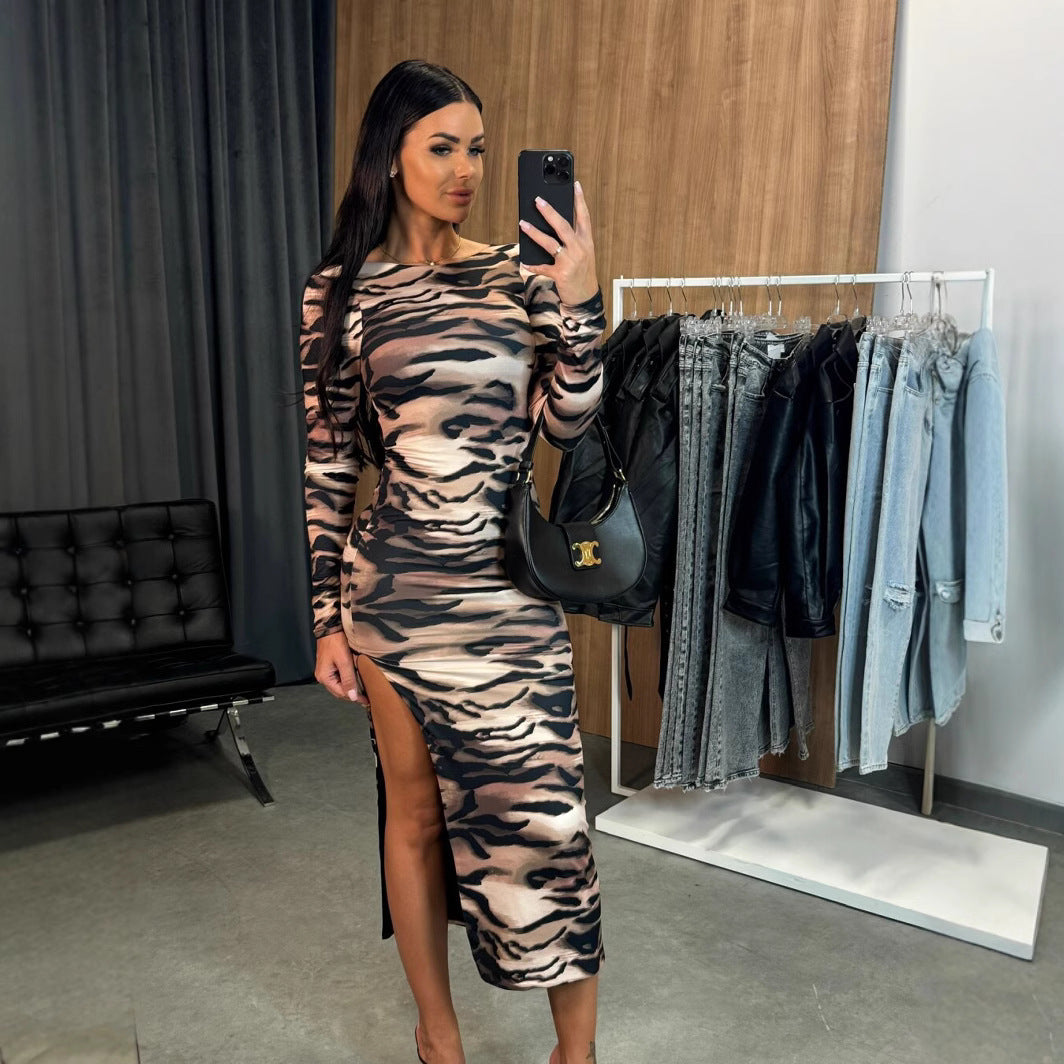 Slim round Neck Botanical Print Slit Long Sleeve Dress Mid Length Hip Dress