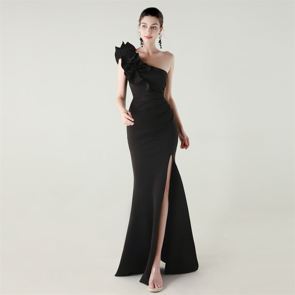 One Shoulder Craft Wave Flower Satin High Slit Sexy Evening Dress Dinner Party Wedding Social