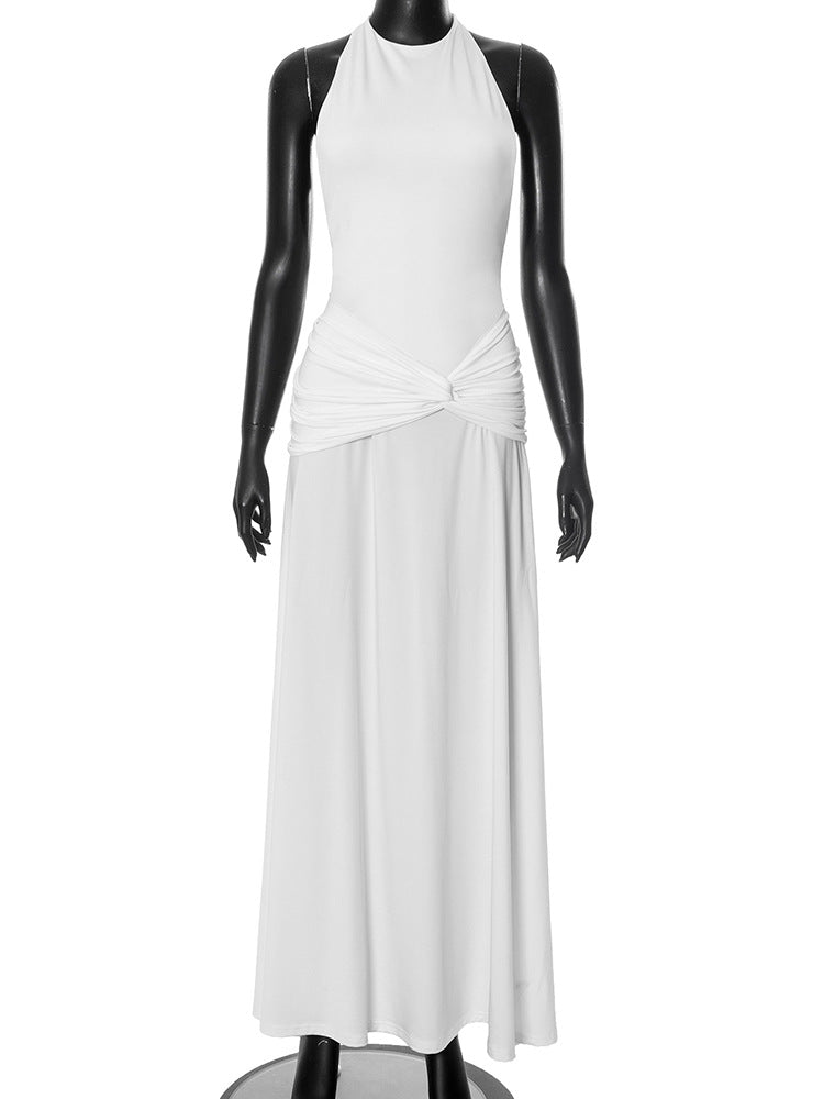 Women Clothing Solid Color Sleeveless Halter Backless Pleated A line Maxi Dress