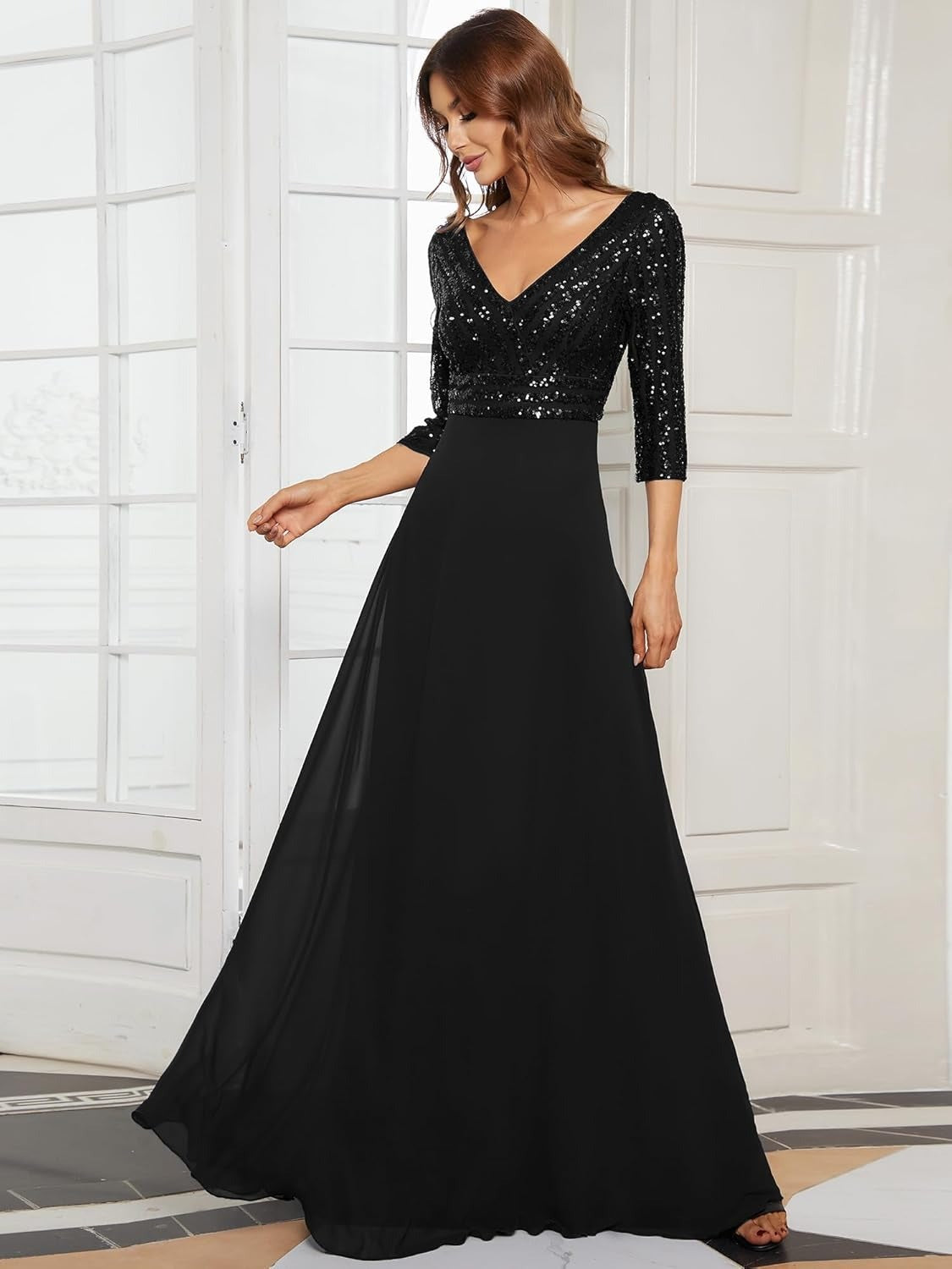 East Middle Chiffon Double V neck Dress A line Large Hem Sequin Stitching Evening Dress