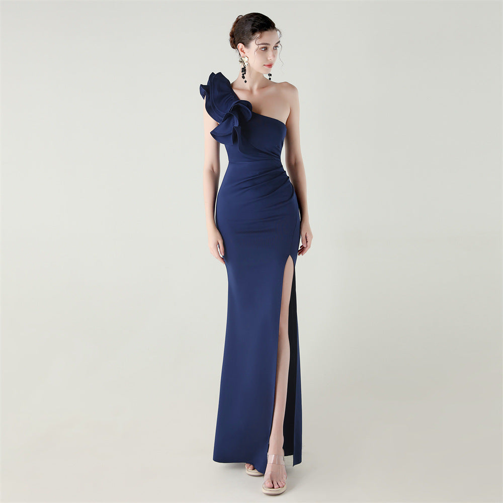 One Shoulder Craft Wave Flower Satin High Slit Sexy Evening Dress Dinner Party Wedding Social