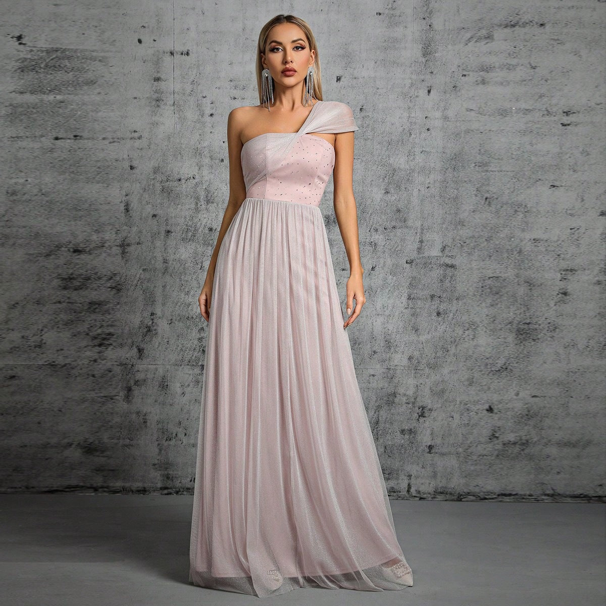 One Shoulder Evening Dress Adult Ceremony Ball Gauze Waist Slimming Graceful Dress Annual Party Evening