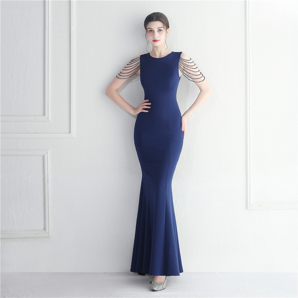 Beaded Bridesmaid Guest Wedding Celebration Extended Fish Tail Dress