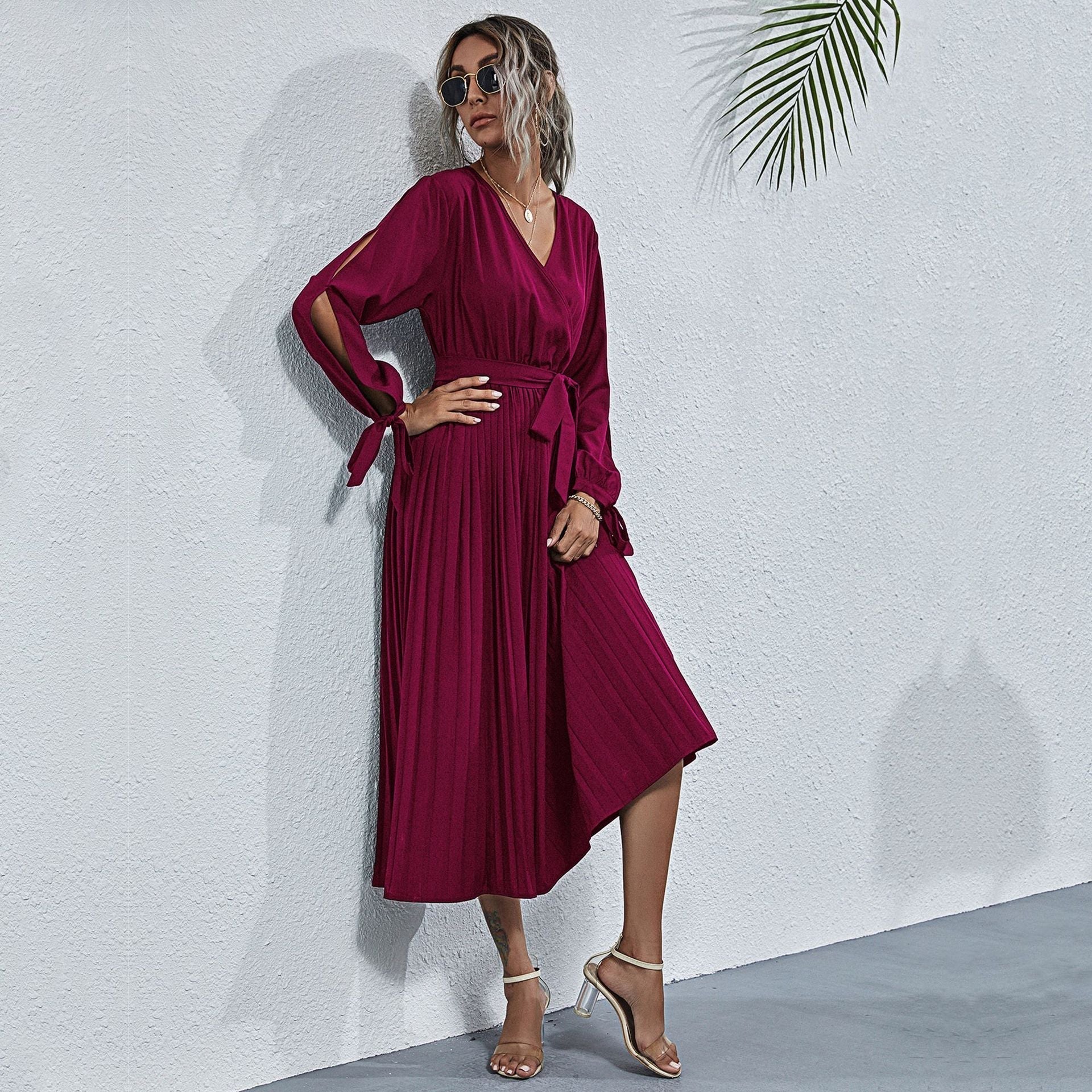 Satin Josefa Pleated Midi Dress Wine FINAL