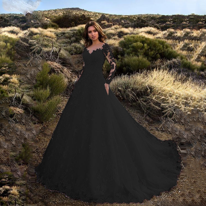 Women Clothing Dress Extended Sleeve Solid Color See through Lace Bridal Wedding Dress