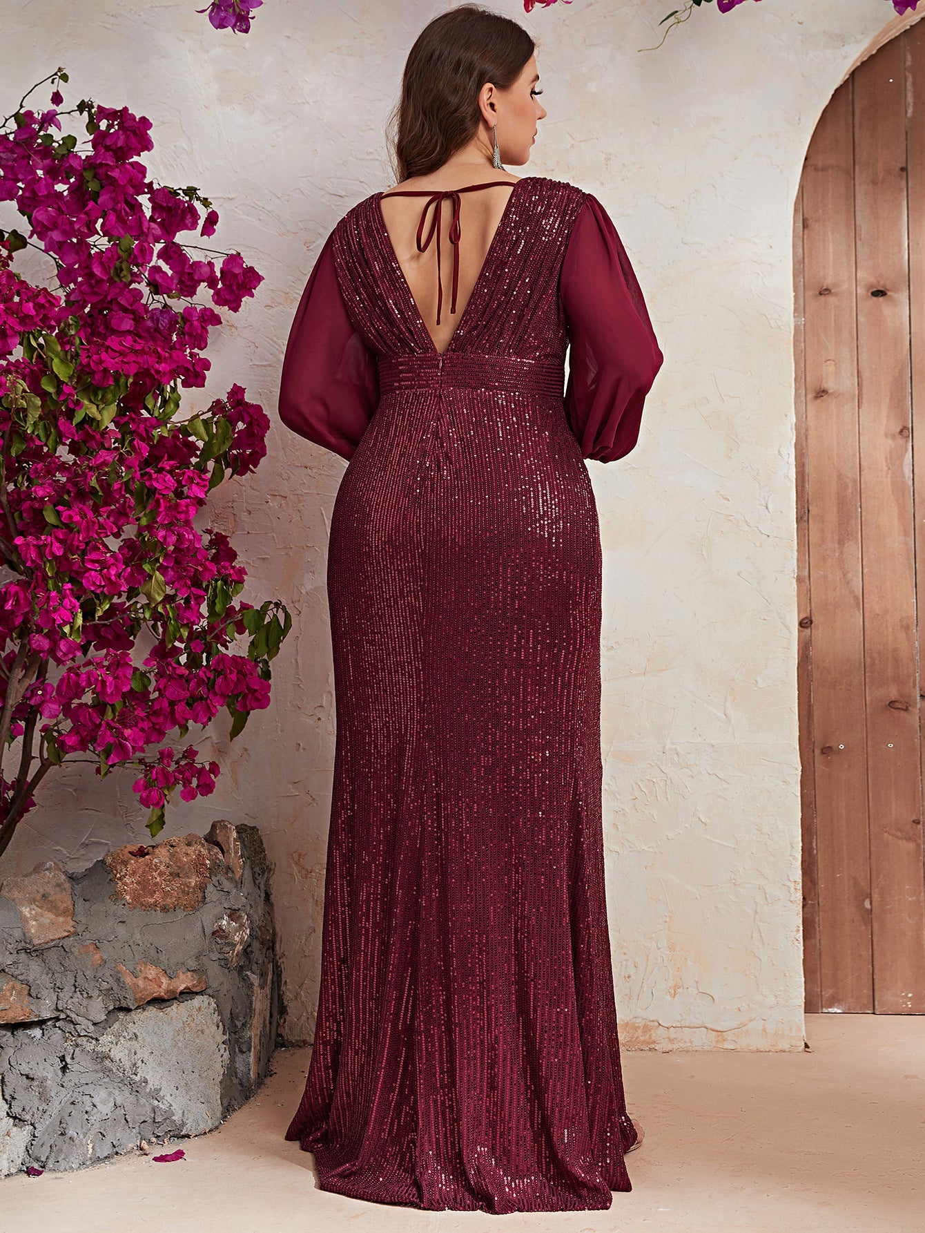 Plus Size Sequin Stylish Dress Sequin Long Sleeve V neck Prom Party Dress Fishtail Dress