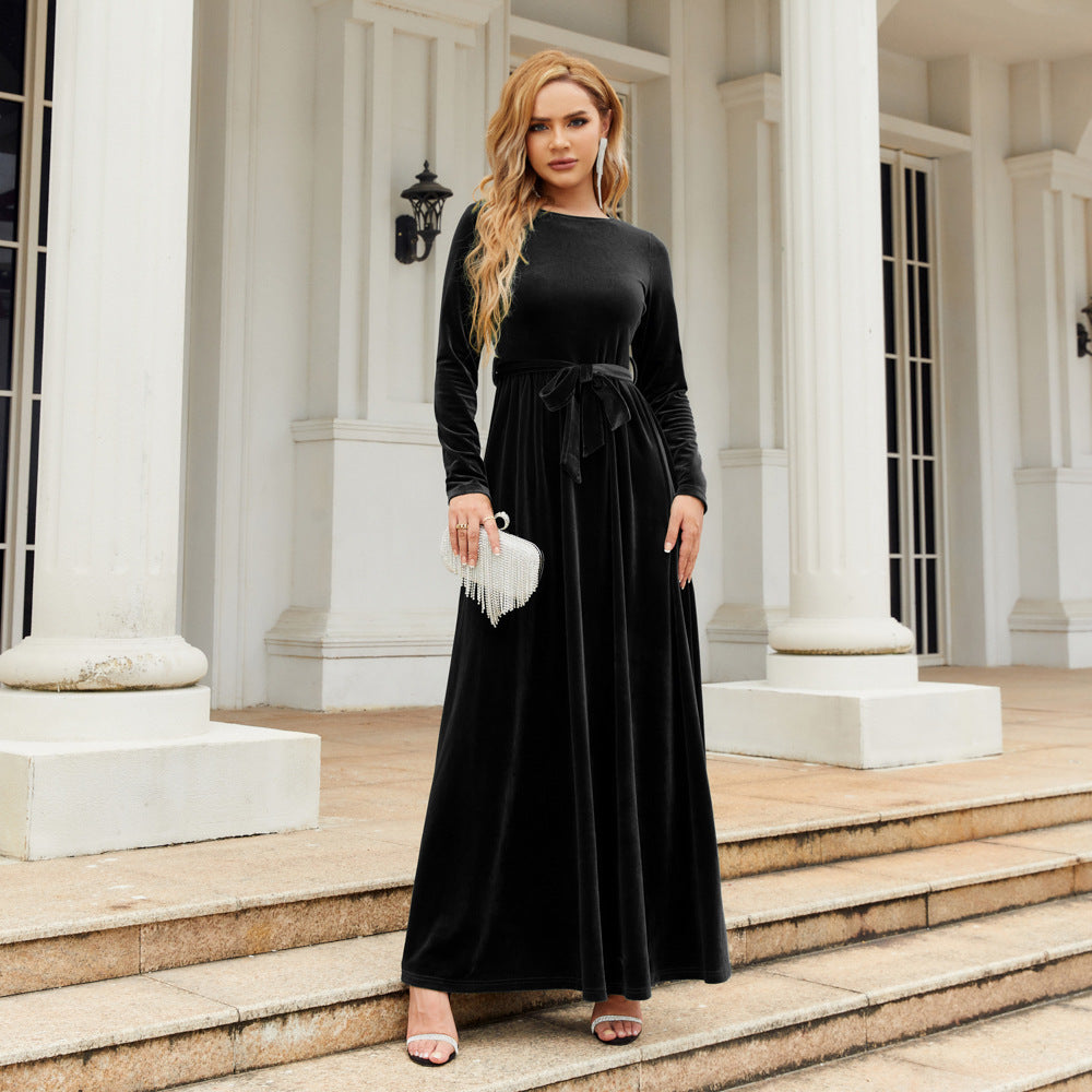 Autumn Winter Refined Graceful Socialite Maxi Dress Gold Velvet Solid Color High Grade Dress