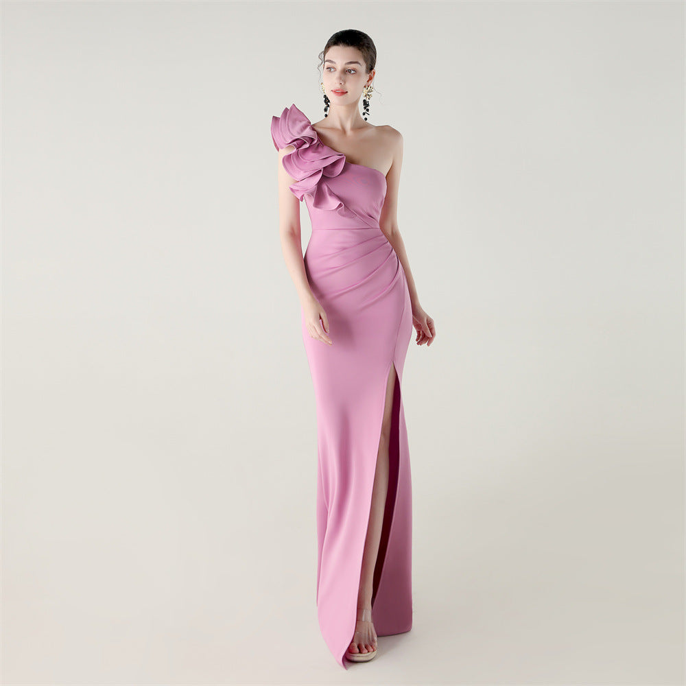 One Shoulder Craft Wave Flower Satin High Slit Sexy Evening Dress Dinner Party Wedding Social