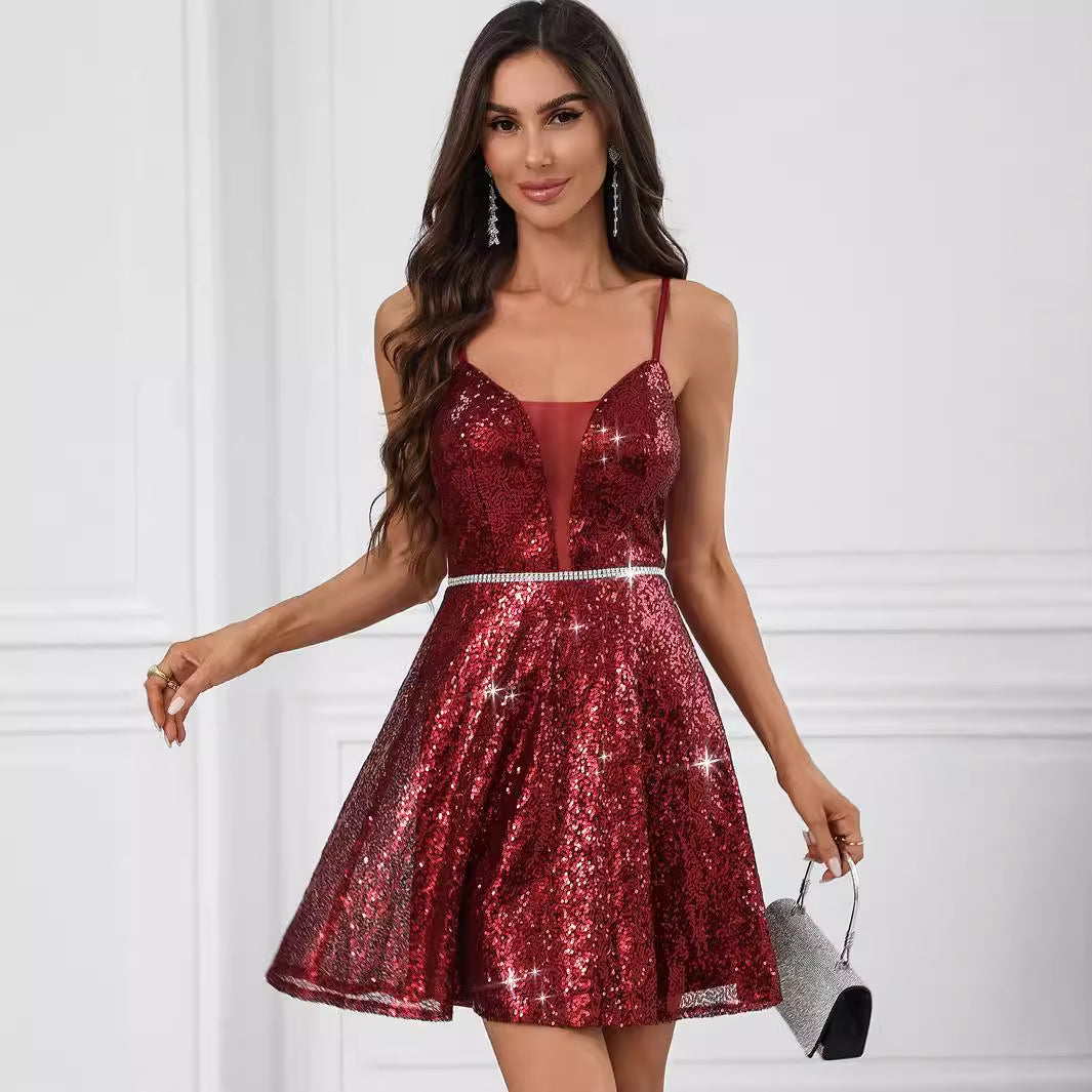 Spaghetti Backless Straps Sequ Dress Nightclub Dress
