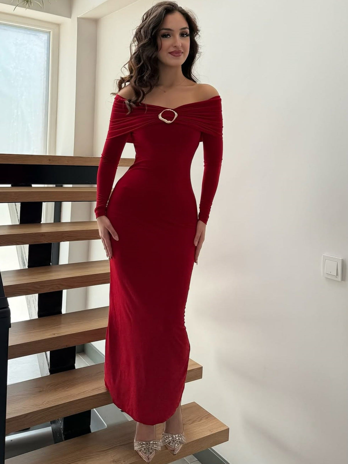 Women Clothing Fall Chic Tube Top off Neck Solid Color Midi Dress