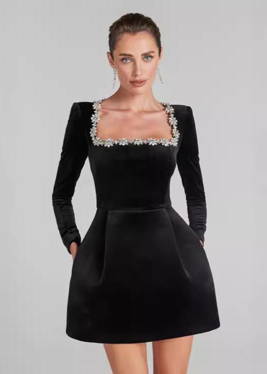 Velvet Flower Embellished Mini Dress
