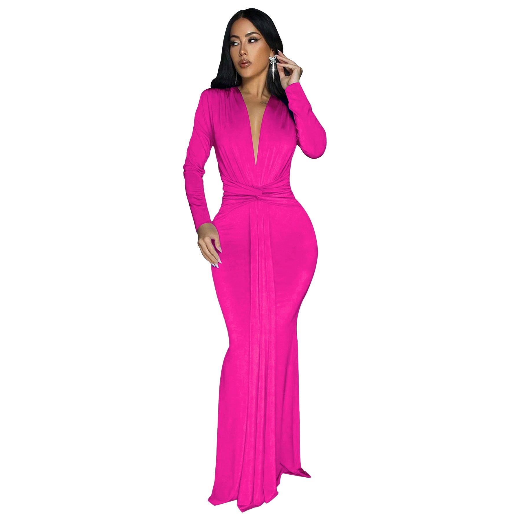 Women Chic Slim Fit Maxi Dress Fall Winter Long Sleeve Fitted Waist Pleated Dress