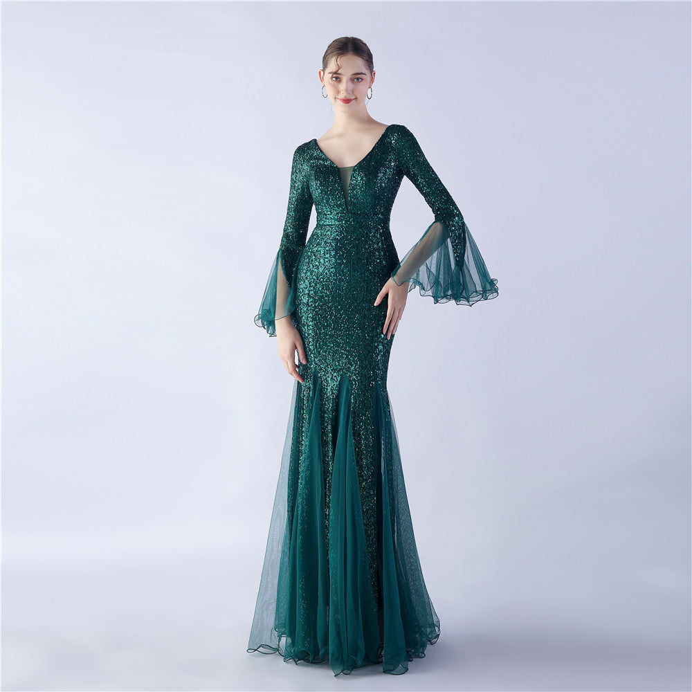 Fish Silk Wave Edge Craft Encryption Mesh Wedding Dinner Stage Sequined Evening Dress