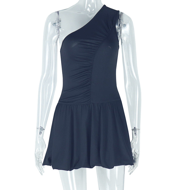 Sophisticated Irregular Asymmetric Shoulder Solid Color A line Diagonal Collar Sleeveless Ruffled Short Dress