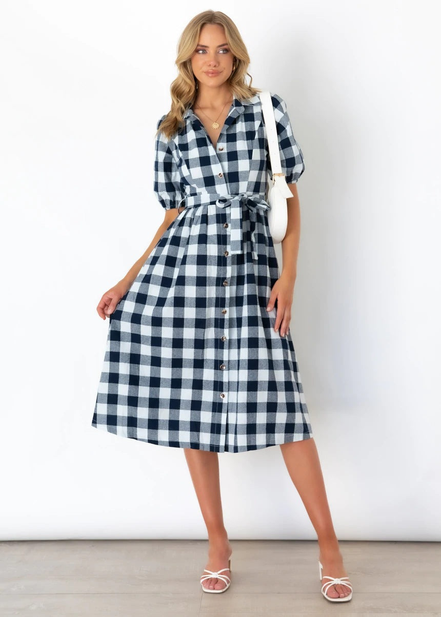 Pocketed Saturn Plaid Button Down Midi Dress