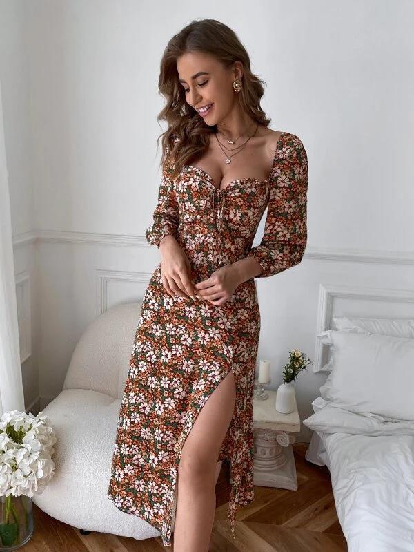 Raissa Flower High Low Midi Dress Black Multi