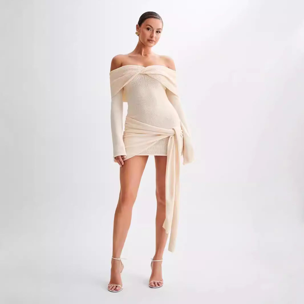 Waist Sidony Knot Off Shoulder Knitted Mini Dress