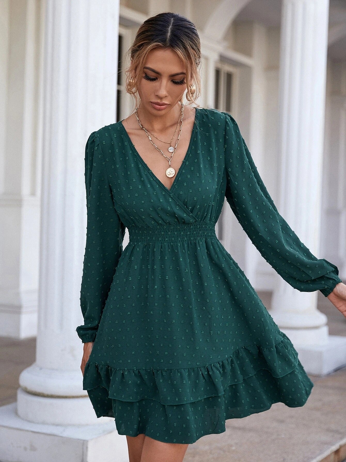 Satin Samar Embossed Cowl Neck Dress Hunter Green