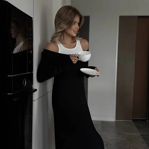 Sleeve Long Stitching Faux Two Piece Vest Dress